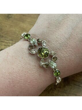 Vintage Givenchy Rhinestone Bracelet Green Amber Glass Silver Tone Link Luxury